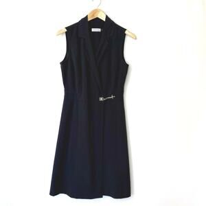 Calvin Klein Dress Size 6 Navy Blue Double Breasted Wrap Collar